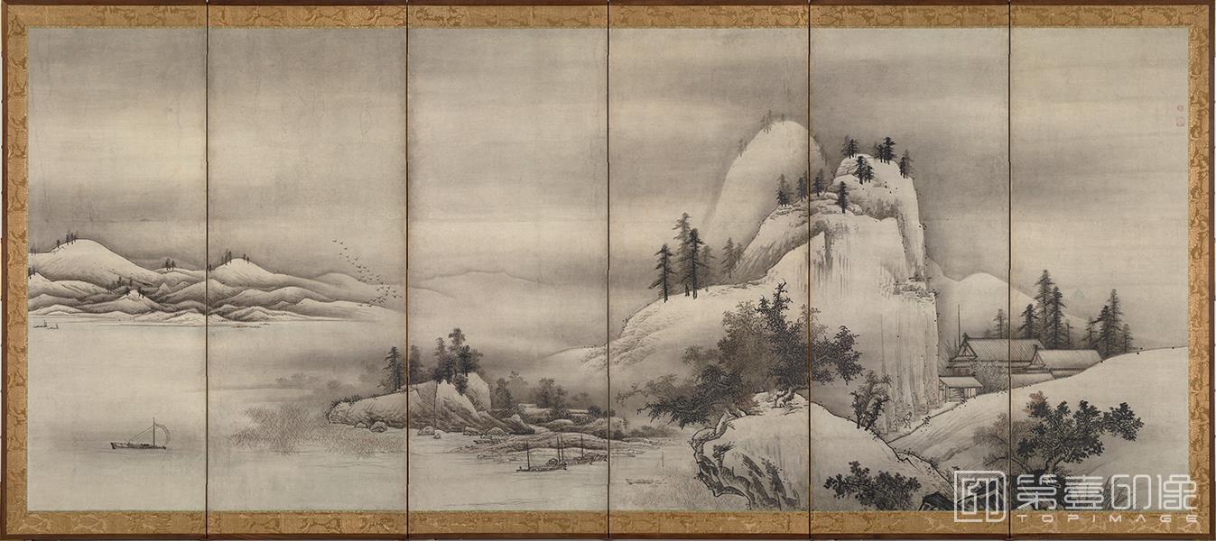 日本安土桃山-云谷等颜-山水图屏风纸本-第一屏-151.1x359.0cm-水彩画